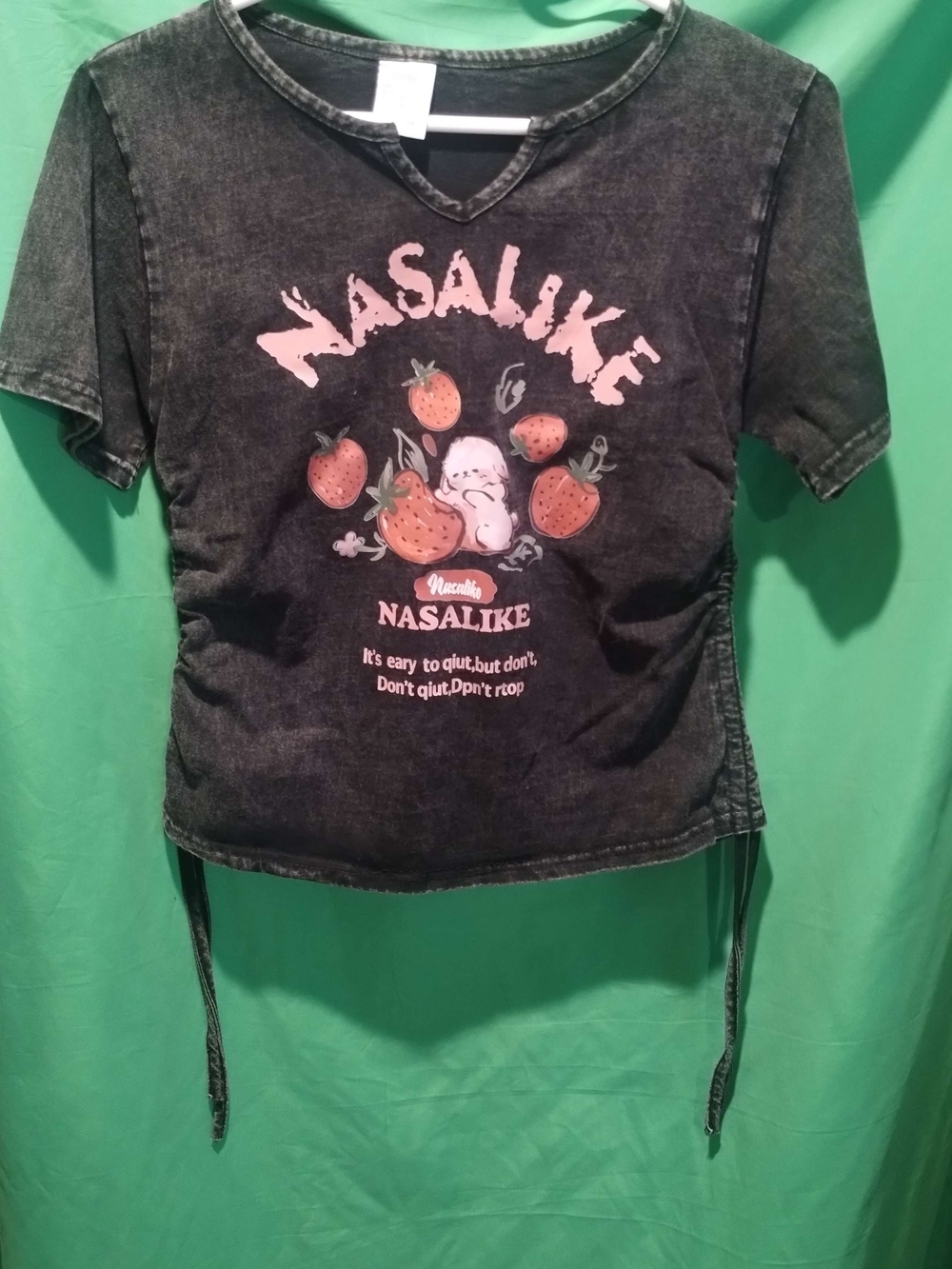 SHBL Black Washed Graphic Tee with Pink Strawberry Print - Picture 1 of 4
